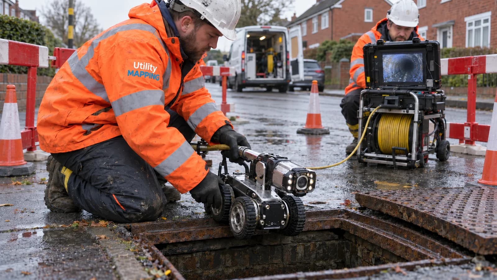 Illustrative UK drainage inspection using a tethered CCTV crawler at a manhole