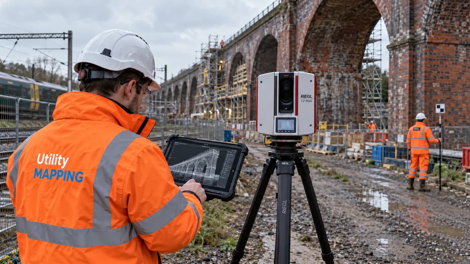 Illustrative laser scanning beside a UK rail viaduct for digital modelling