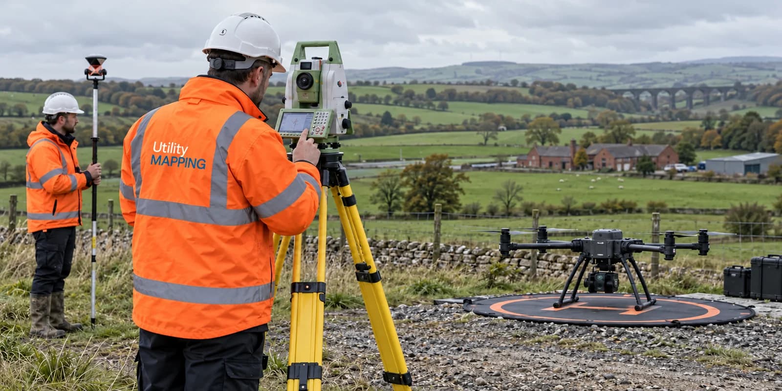Illustrative UK topographic survey with a robotic total station and enterprise mapping drone