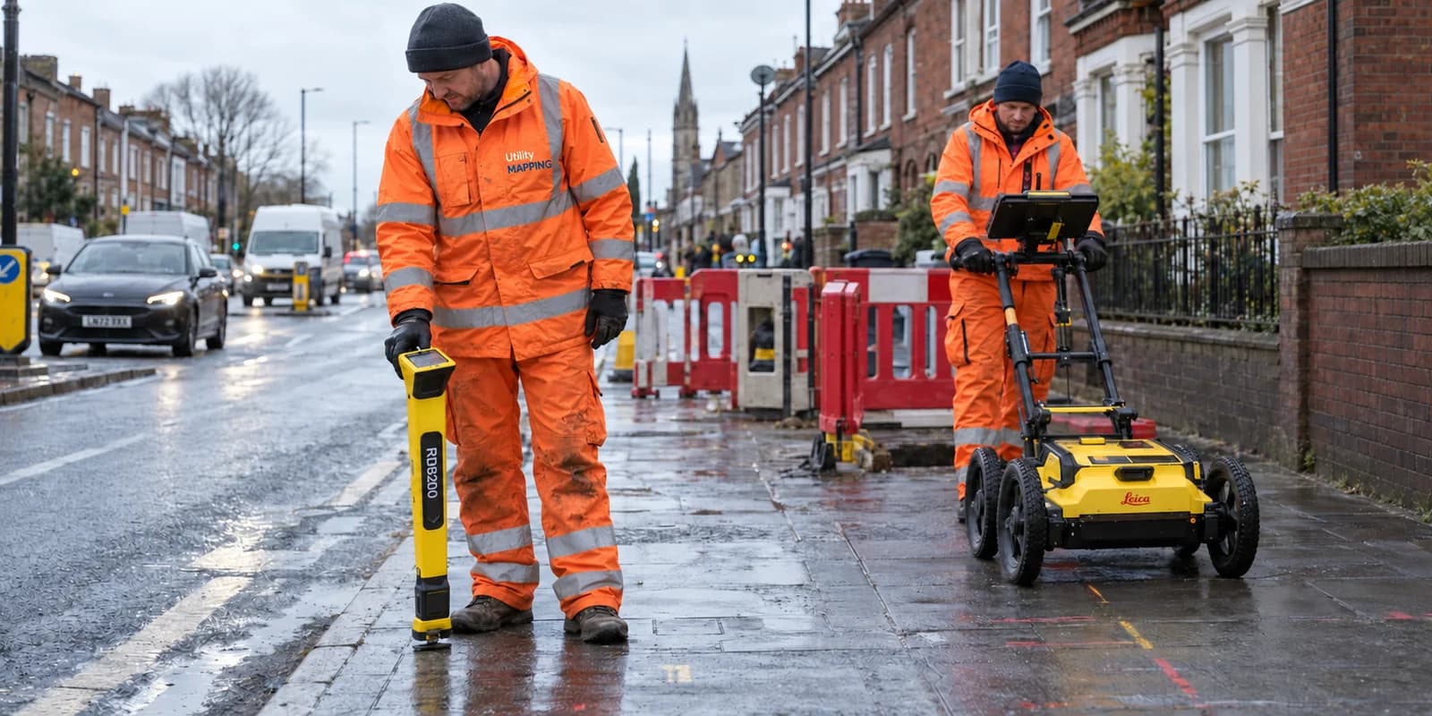 Illustrative UK utility survey with a cable locator and wheeled ground penetrating radar