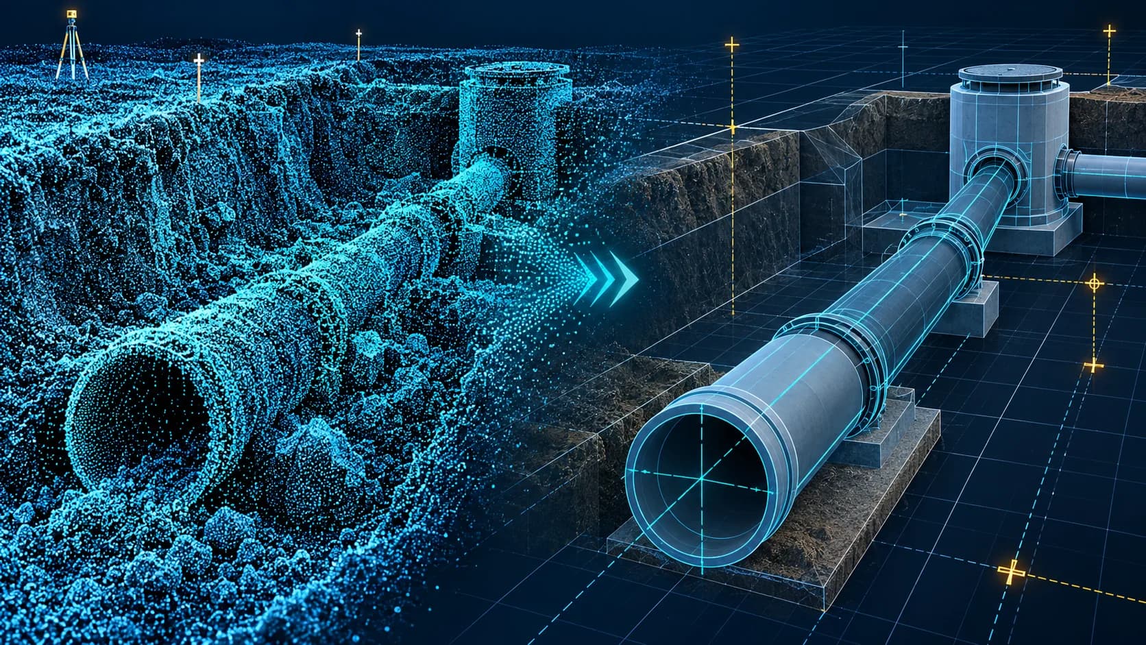 Illustrative point cloud transitioning to a clean 3D utility model