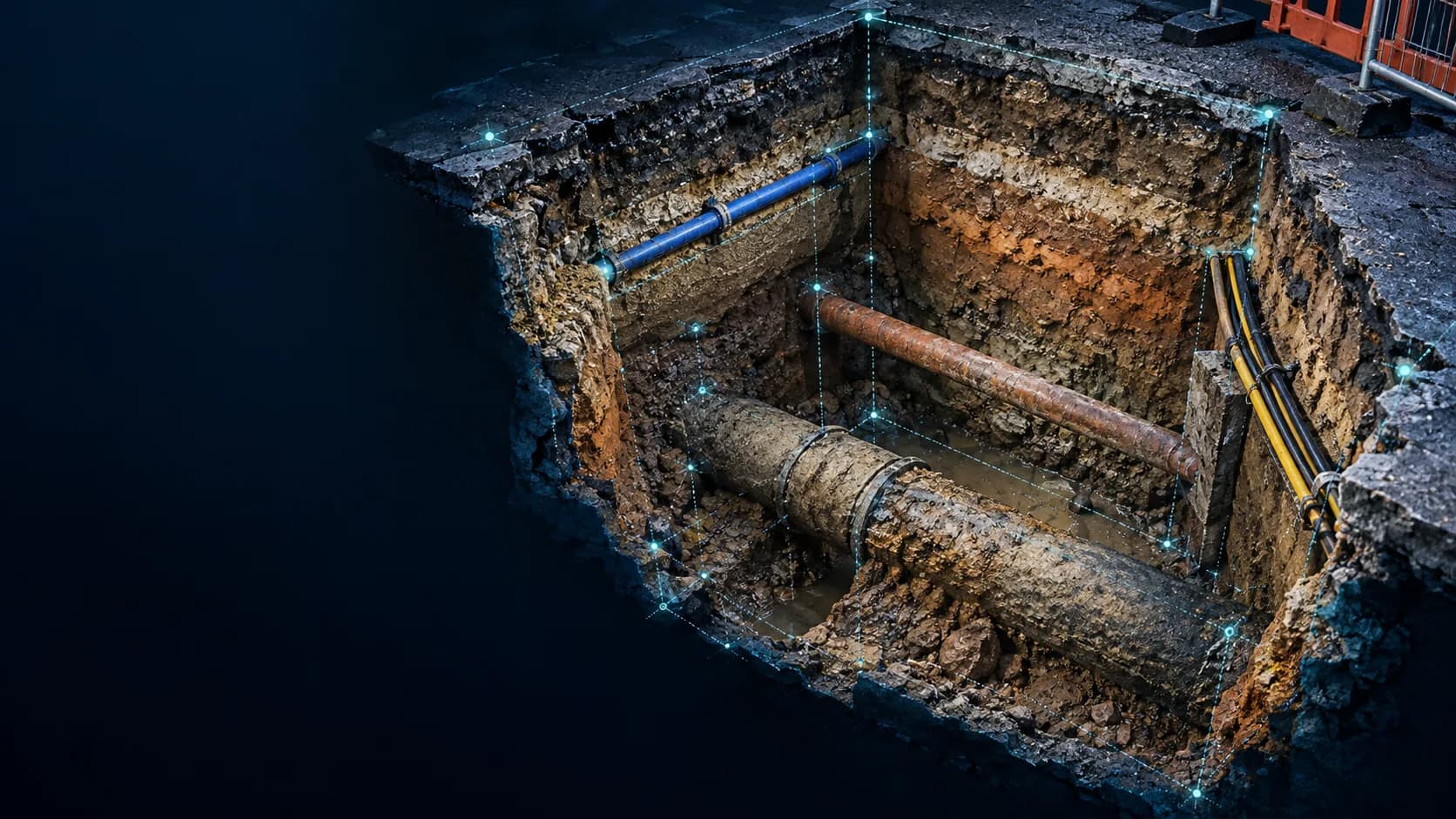 Illustrative trial pit with exposed buried services and survey points
